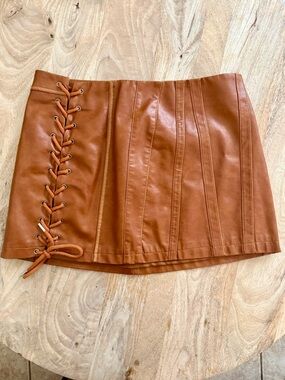 Fashion Nova Cognac Faux Leather Lace-Up Mini Skirt